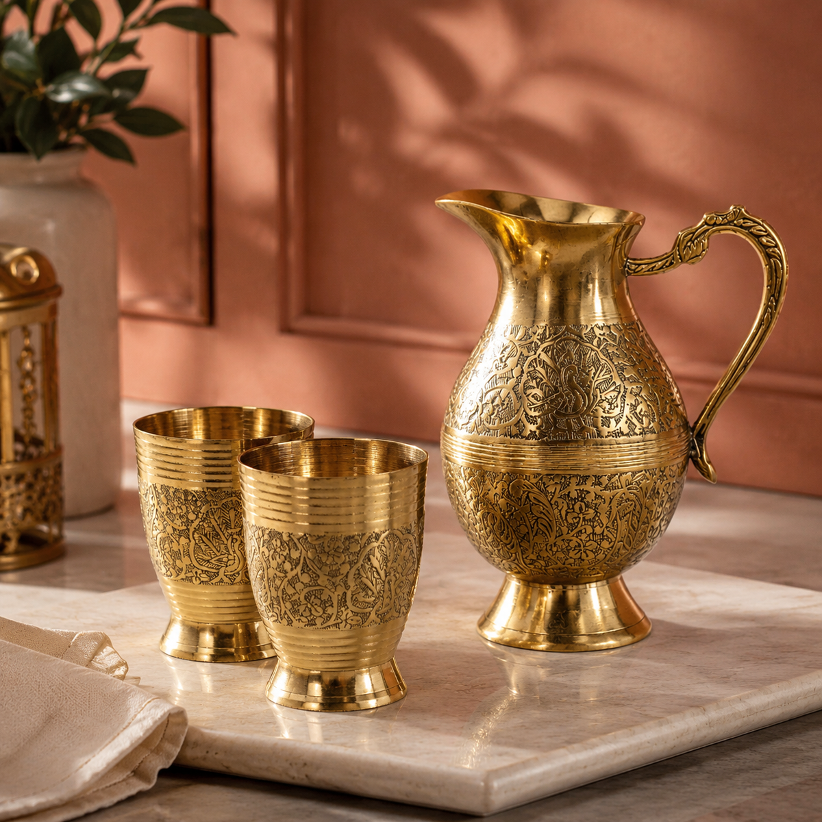 Brass Jug Set with 2 glass