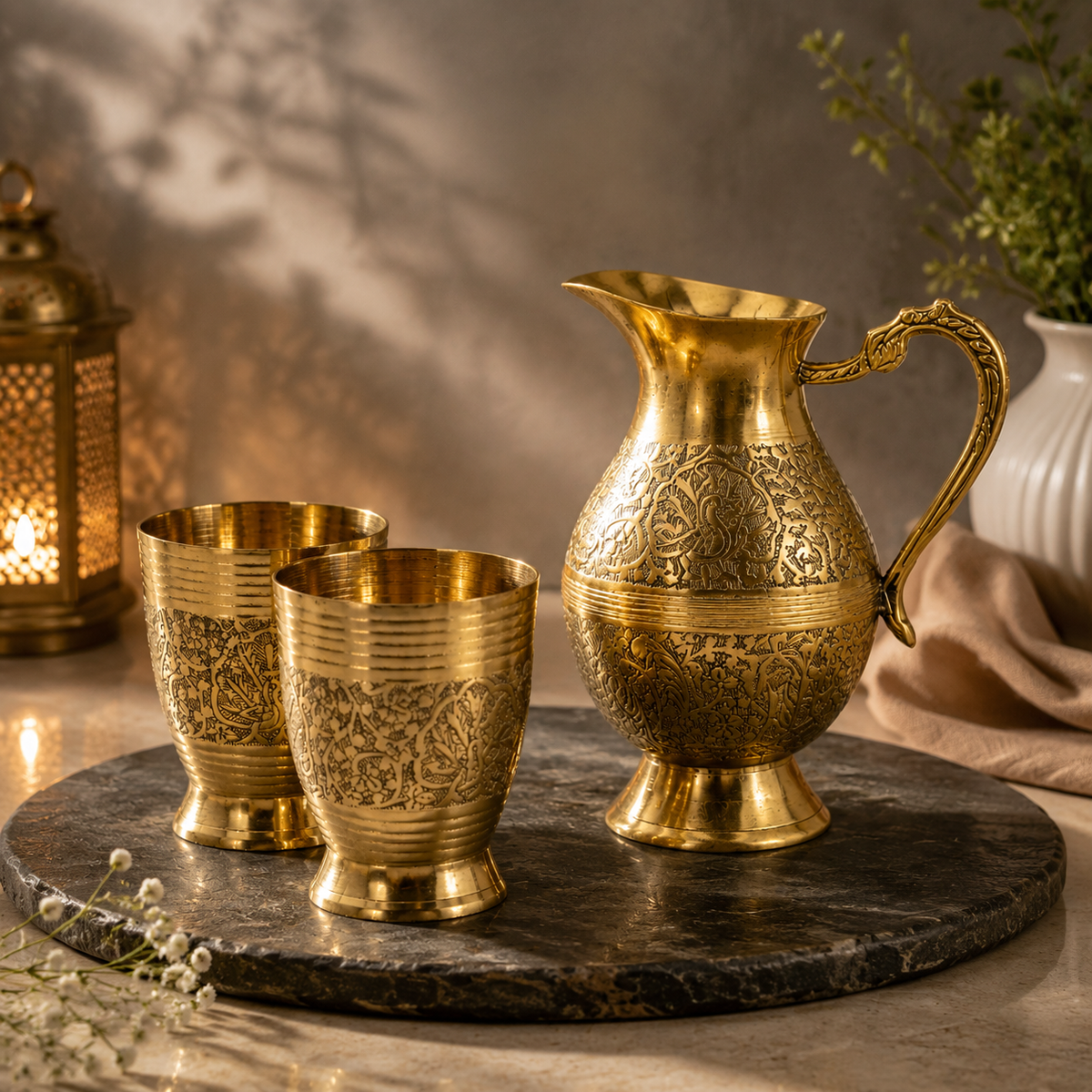 Brass Jug Set with 2 glass