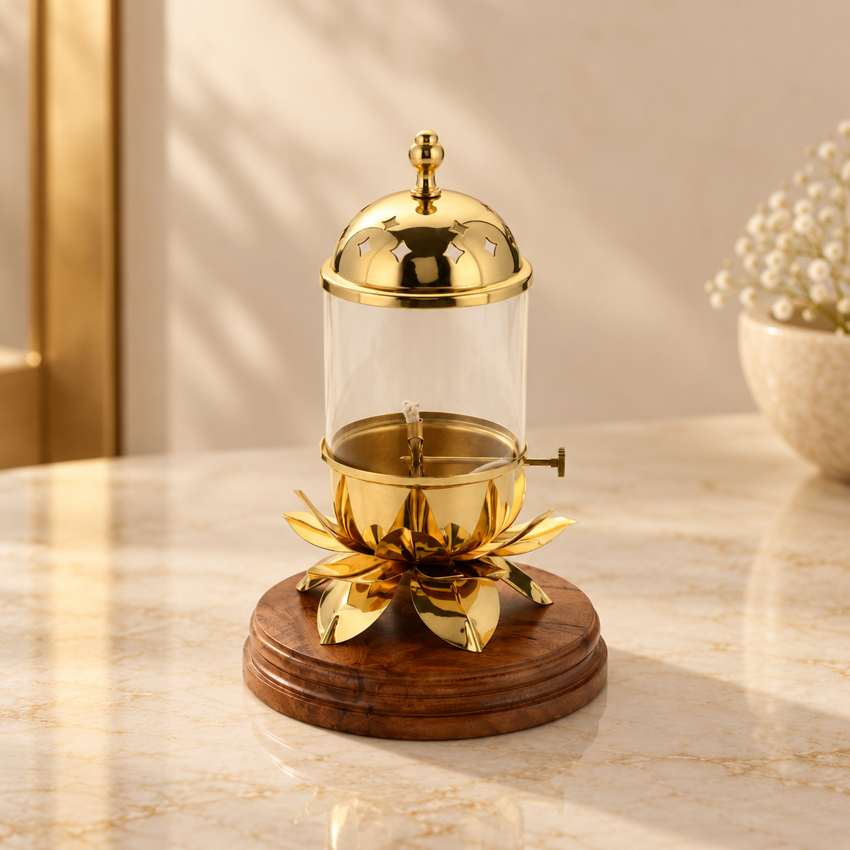 Lotus Candle Lamp Wood Base