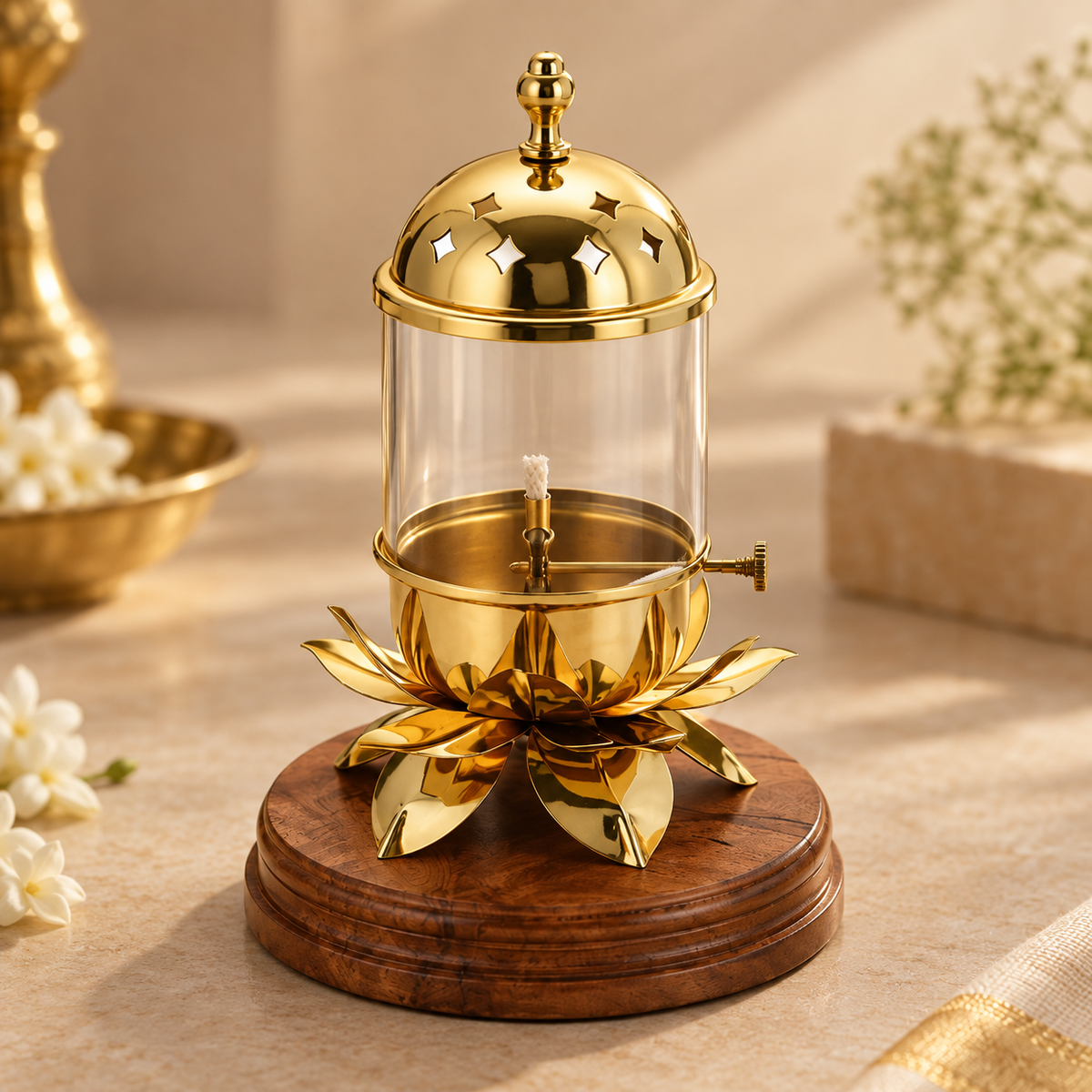 Lotus Candle Lamp Wood Base