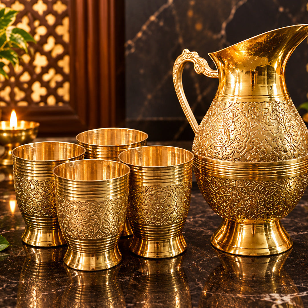 Brass Jug Set with 4 glass